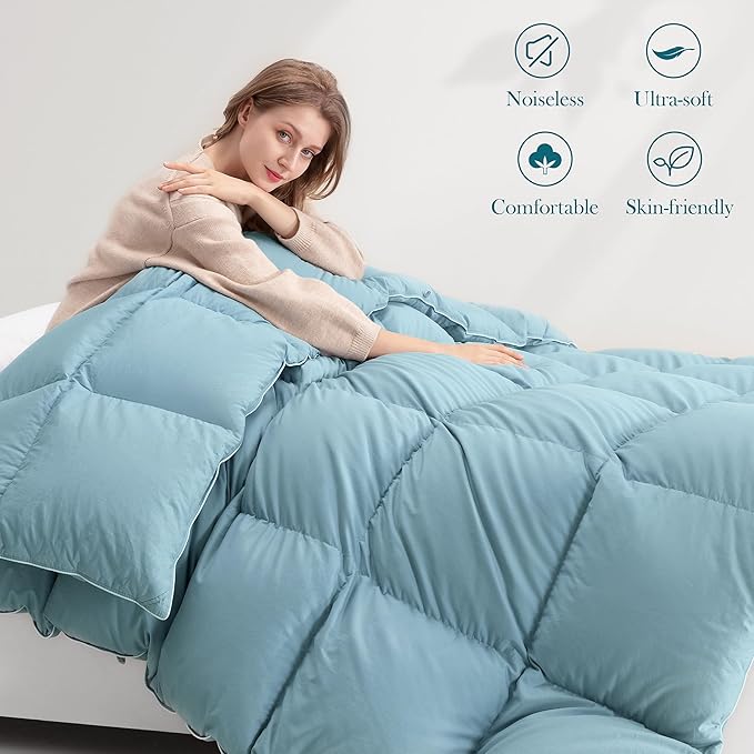 SNOWMAN Premium Down Comforter Palatial King Size, Luxurious All Season Duvet Insert with Cotton Blended Fabric, 53oz Fill Weight 3D Baffle Box Design Hotel Bedding Comforter (Blue,120"x98")