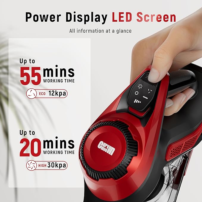 Cordless Vacuum Cleaner, 30Kpa Home Stick Vacuum, Smart Display & 1.5L Dust Cup, 55mins Max Runtime, Rechargeable Lightweight Handheld Vavuum for Pet Hair/Carpet/Hardwood Floor/Car (Red)
