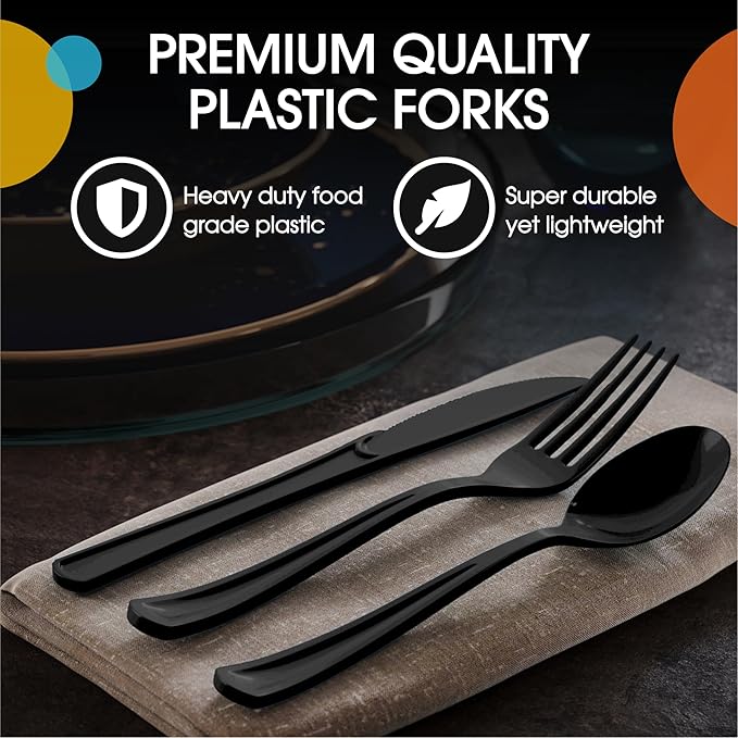 Party Solids Black Plastic Silverware Heavy Duty 300 Pieces Black Plastic Cutlery Sets, Utensil Sets, 100 Of Each Forks, Knives & Spoons Disposable Cutlery Set, Flatware Set For Party Supplies