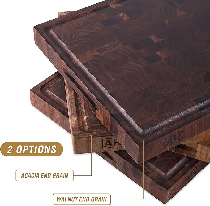 AZRHOM Large End Grain Walnut Wood Cutting Board 17x13x1.5 in Thick Butcher Block for Kitchen with Non-slip Mats Juice Groove & Handles (Gift Box)