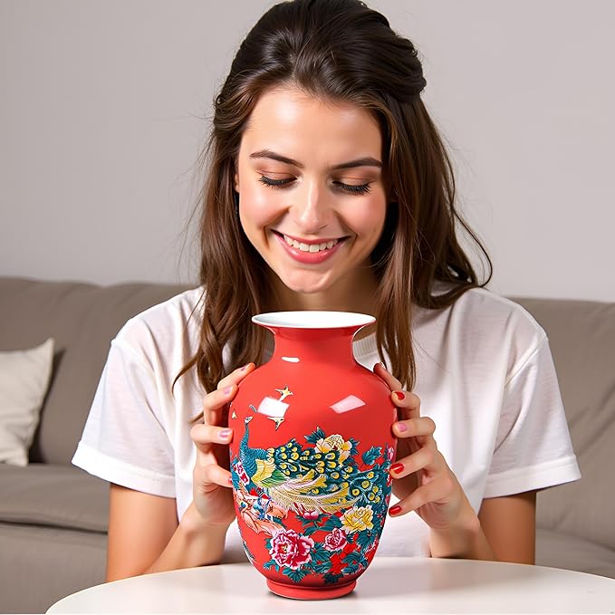 MTME Porcelain Figurines, Jingdezhen Peacock Decorative Flower vase, Home Decor, Wedding Gifts, Aesthetic Sculpture Home décor (Red)