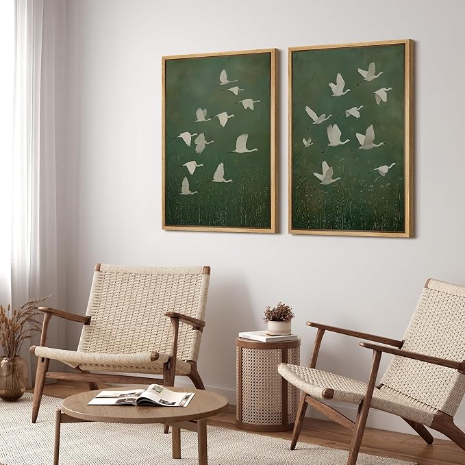 SIGNFORD Framed Canvas Print Wall Art Set Flight of Cranes Elegant Birds in Soft Green Hues Illustration Modern Art Decorative Nordic Nature for Living Room, Bedroom, Office - 16"x24"x2 Natural