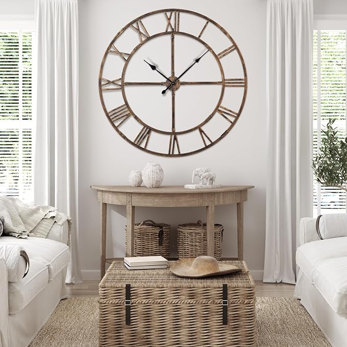 Large Wall Clock for Living Room Decor – 48 Inch Silent Non-Ticking Modern Farmhouse Wall Clock, Oversized Decorative Metal Roman Numeral Clock, Bronze