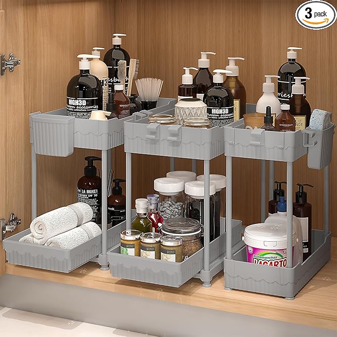 3 Pack Under Sink Organizers, 2-Tier Multi-Use Kitchen and Bathroom Organizers and Storage with Sliding Drawers,Bathroom Cabinet Organizer (Gray, 14.8 Inch)