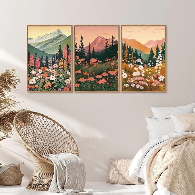 Tinonedraw Large Boho Mountain Framed Canvas Wall Art Set of 3, Colorful Wildflower Daisy Flowers Wall Decor, Bohemian Floral Forest Scenery Artwork, Modern Nature Landscape Art Prints for Bedroom Living Room Office 16"x24"