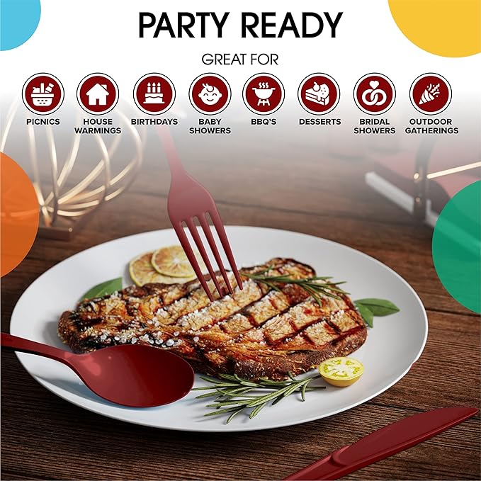 Party Solids Burgundy Plastic Knives 200 Pcs Burgundy Knives Disposable Utensils Heavy Duty Plastic Cutlery Set Disposable Cutlery Sets Flatware Sets Silverware Set Party Supplies & Party Tableware