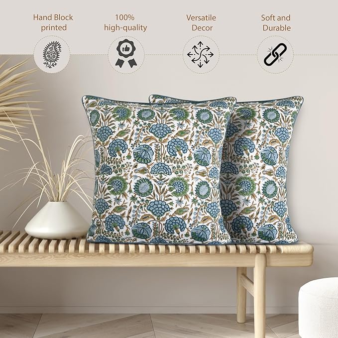 Ridhi Asparagus Green Print Cotton Throw Pillow Covers for Decorative Couch Pillows for Living Room, Chic Boho Cute Outdoor Thanksgiving Pillows Covers Gifts 24x24 Inches