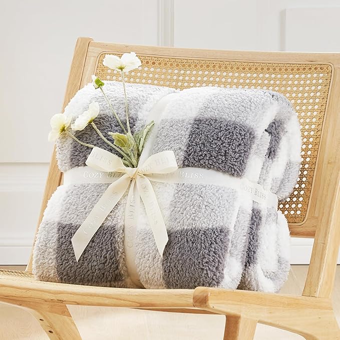 Cozy Bliss Luxury Sherpa Throw Blanket for Couch, Premium Reversible Buffalo Plaid Thick Throw, Warm Cozy Soft Blanket for Home and Gifts (Grey, 50" x 60")