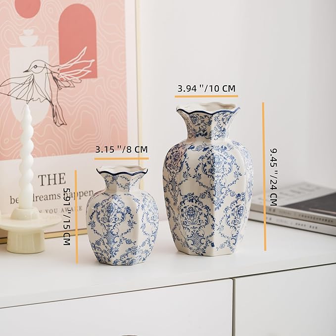 Blue and White Vase, Vintage Blue Ceramic Flower Vessel,Ceramic vases for Home Decor,Vintage Green and Beige for Console Table Mantle Chinoiserie Decor (Blue and White-01, Large)