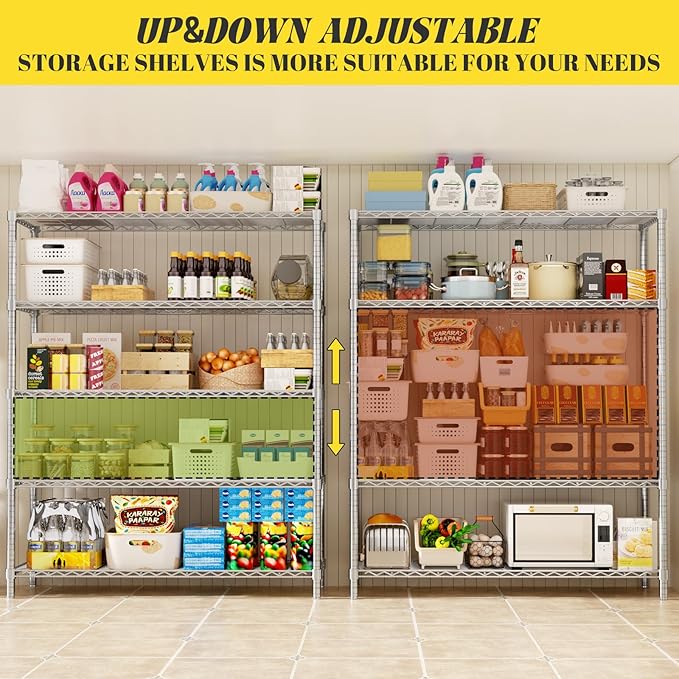 Storage Shelves, 2 PCS 48" L x 20" W x 72" H Heavy Duty Garage Wire Shelving Unit Loads 2000LBS, 5-Tier Adjustable Metal Industrial Utility Shelf Rack for Kitchen, Laundry Room, Basement