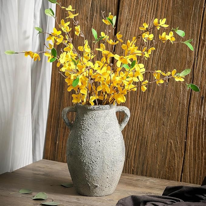 Ceramic Rustic Vase, 9.05 inch Farmhouse Flower Vase with 2 Handles, Decorative Pottery Flower Vases for Home Decor, Living Room Shelf Decor, Enterway, Table