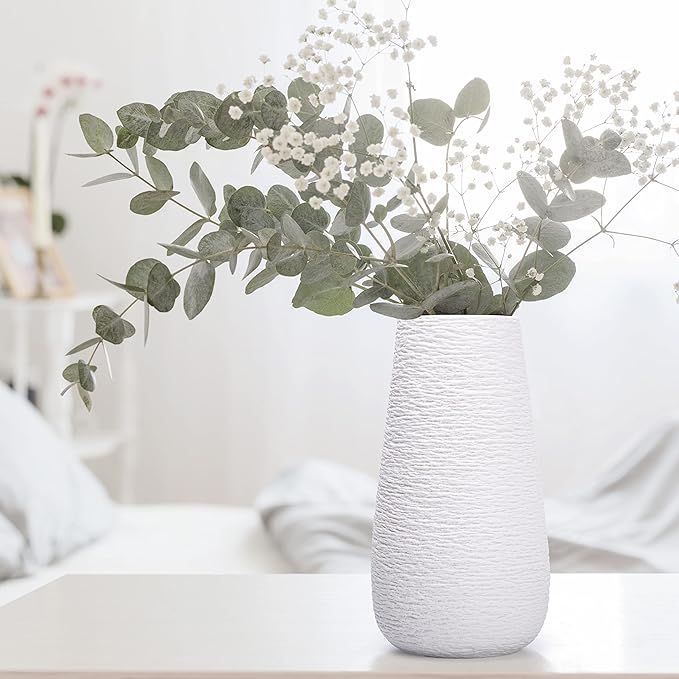 D'vine Dev 12 Inch Textured White Elegant Oval Ceramic Vase for Flowers, Home Décor Vase with Design Box, VS-LD-C-1