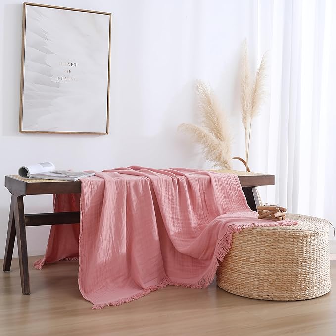 100% Cotton Muslin Throw Blanket for Bed, Couch, Small, Decorative, Soft, Pre-Washed, Breathable and Lightweight Gauze Blanket with Tassels, Suitable for All Seasons, Pink, 50"x60"