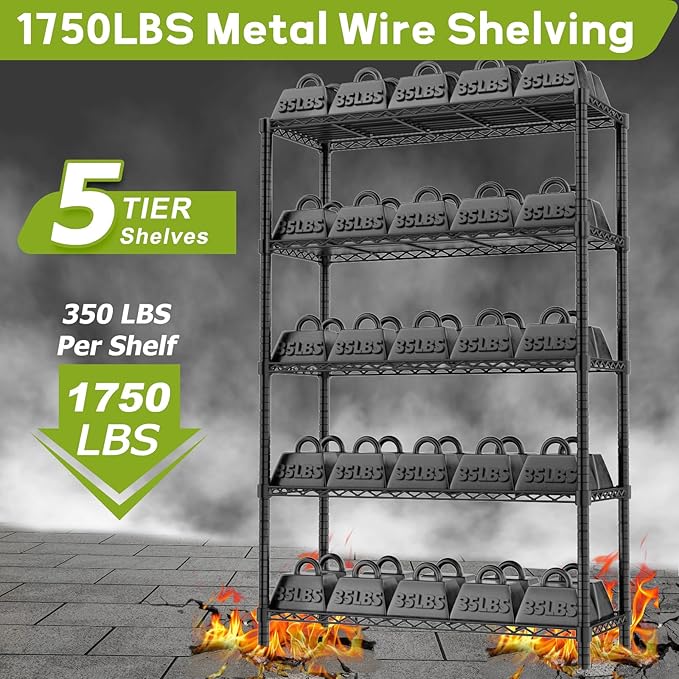 Storage Shelves, 36" L x 14" W x 72" H Heavy Duty Garage Wire Shelving Unit Loads 1750LBS, 5-Tier Adjustable Metal Industrial Utility Shelf Rack for Kitchen, Laundry Room, Basement
