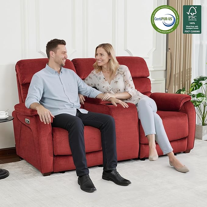 MCombo Zero Wall Recliner Loveseat with Console, Power Recliner Loveseat with Adjustable Headrest, USB A & C Charge Ports, Cup Holders, for Living Room, RVs, Small Spaces (Fabric, ST258M2, Burgundy)