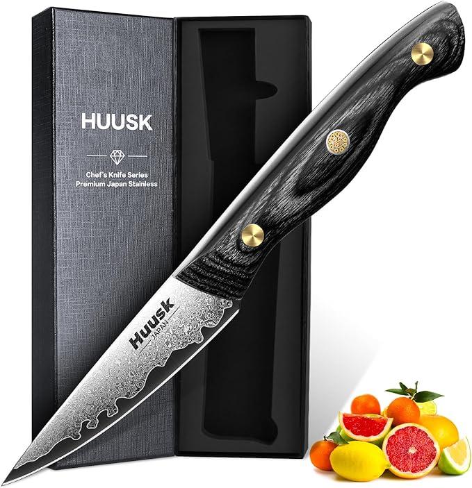 Huusk Damascus Paring Knife, 3 Inch Japanese VG10 Fruit Knives, Small Kitchen Knives for Precision Cutting, Full Tang Peeling Knives with Wooden Handle Coring, Trimming, Birthday Dad Mom Gift