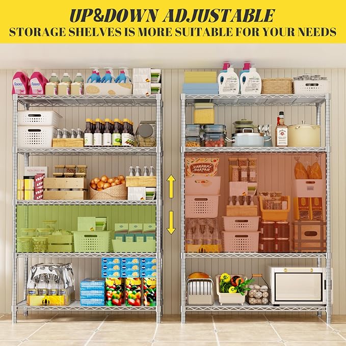 Storage Shelves, 4 PCS 36" L x 14" W x 72" H Heavy Duty Garage Wire Shelving Unit Loads 1750LBS, 5-Tier Adjustable Metal Industrial Utility Shelf Rack for Kitchen, Laundry Room, Basement
