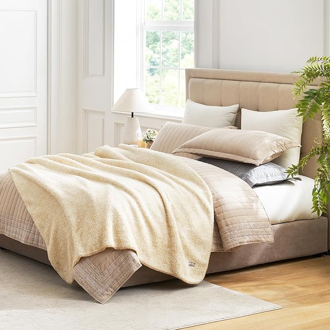 Cozy Bliss Luxury Sherpa Throw Blanket for Couch, Premium Reversible Plush Thick Throw, Warm Cozy Soft Blanket for Home and Gifts (Mottled Beige, 60" x 80")