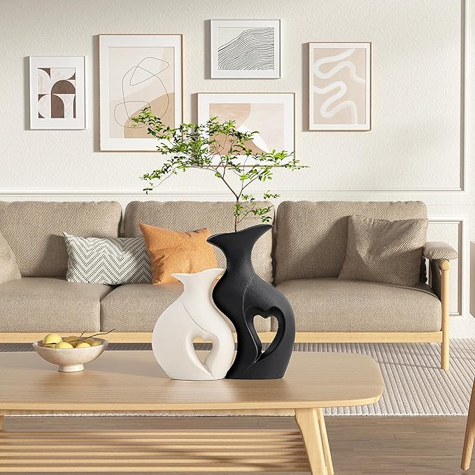 Black and White Vase Heart Shape Ceramic Vase Set of 2,Modern Boho Hollow Flower Vases,Nordic Aesthetic Decor,Decorative Vases for Room,Home Book Shelf,Fireplace,Table Decor