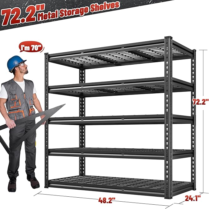 REIBII 48" W Garage Shelving 3050LBS Garage Storage Shelves Metal Storage Shelves 5 Tier Adjustable Shelving Unit for Warehouse Basement Pantry 48.2" W X 24.1" D X 72.2" H