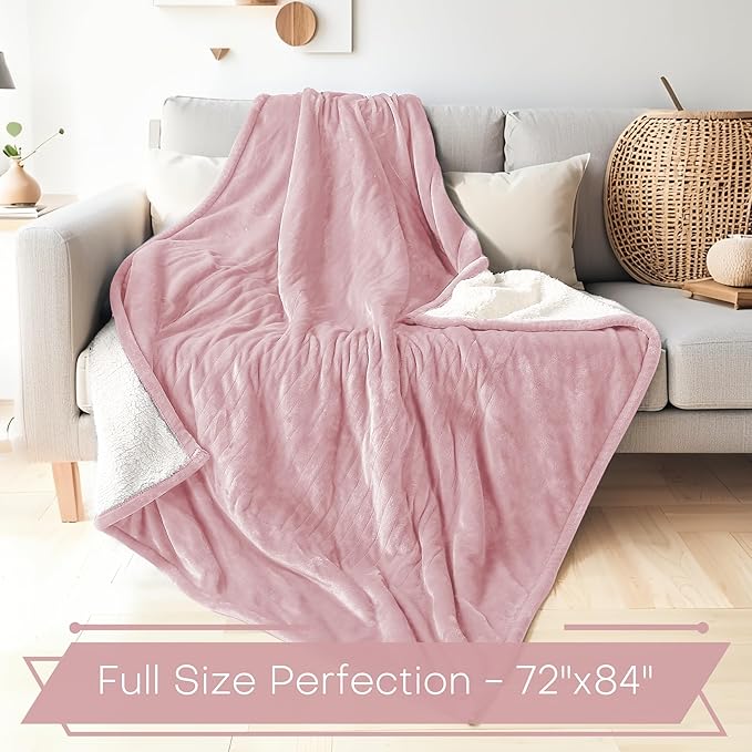 Electric Heated Blanket Throw Size 50"x60" - Flannel & Sherpa Fabric Dual-Sided, 6 Heat Settings & 3 Hours Auto Off, Soft & Cozy Warming Throw for Home, Office, or Bed, Machine Washable, Light Pink