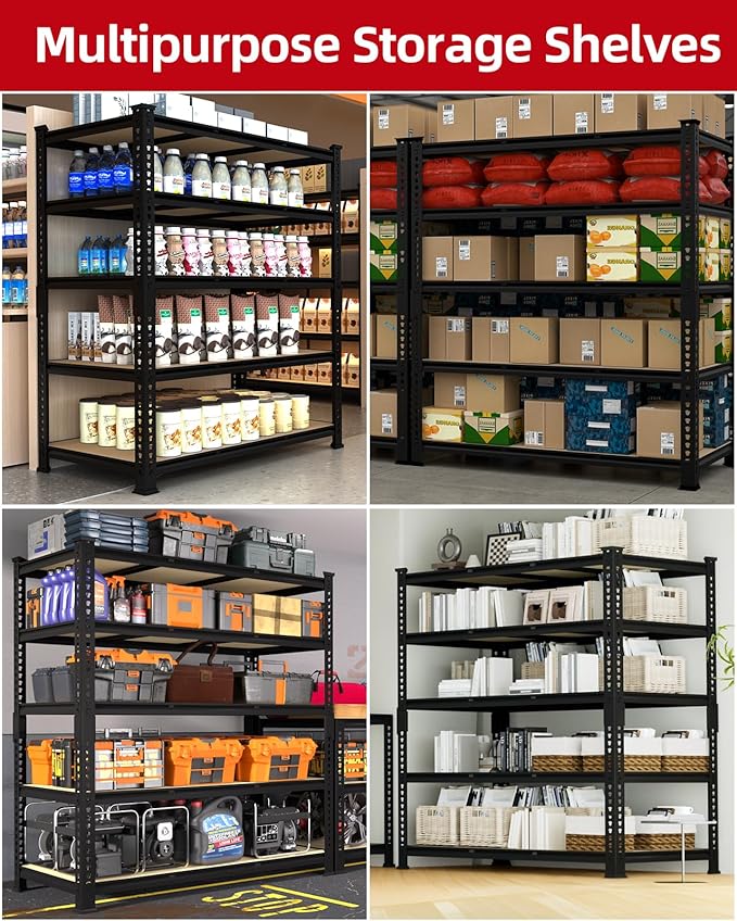 PrimeZone Heavy Duty Garage Storage Shelves - 48" W X 24" D X 72" H Adjustable Metal Shelving Unit, 5 Tier Industrial Shelves for Storage Standing Utility Rack for Warehouse, Basement, Black, 5 Pack