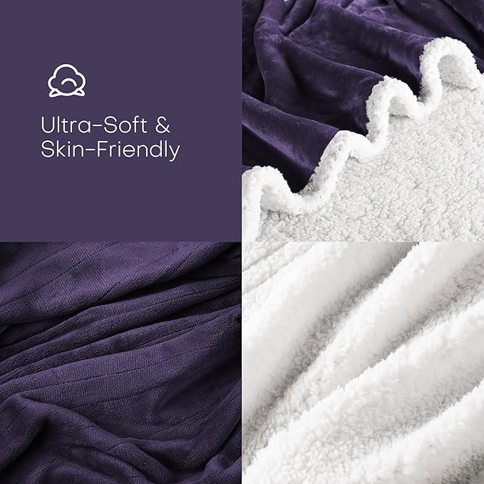 Electric Heated Blanket Full Size 72"x84" - Flannel & Sherpa Fabric Dual-Sided, 6 Heat Settings & 1-10 Hours Auto Off, Soft & Cozy Warming Throw for Home, Office, or Bed, Machine Washable, Purple