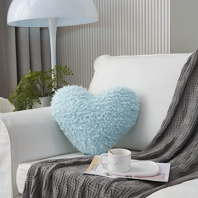 MOOWOO Fluffy Heart Throw Pillow with Pillow Cover and Insert, Shaggy Faux Fur, Decorative Design for Indoor and Outdoor, (Blue, Heart Shape-15.7X15.7Inches)