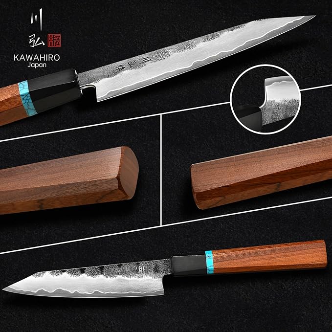 KAWAHIRO Japanese Utility Knife, 5 inch Handcrafted VG10 Stainless Steel Paring Knife, Professional Black Forged Multipurpose Kitchen Knives with Ergonomic Handle Grip and Gift Wood Box