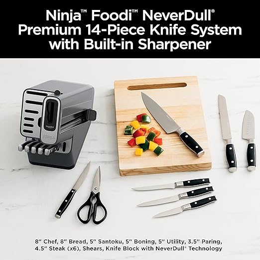 Ninja Knife Set, Knife Sharpener, Knife Block Set, Stainless Steel Knives, 14 Piece Set, Steak Knives, Chef Knives and More, Foodi NeverDull, Black, K32014
