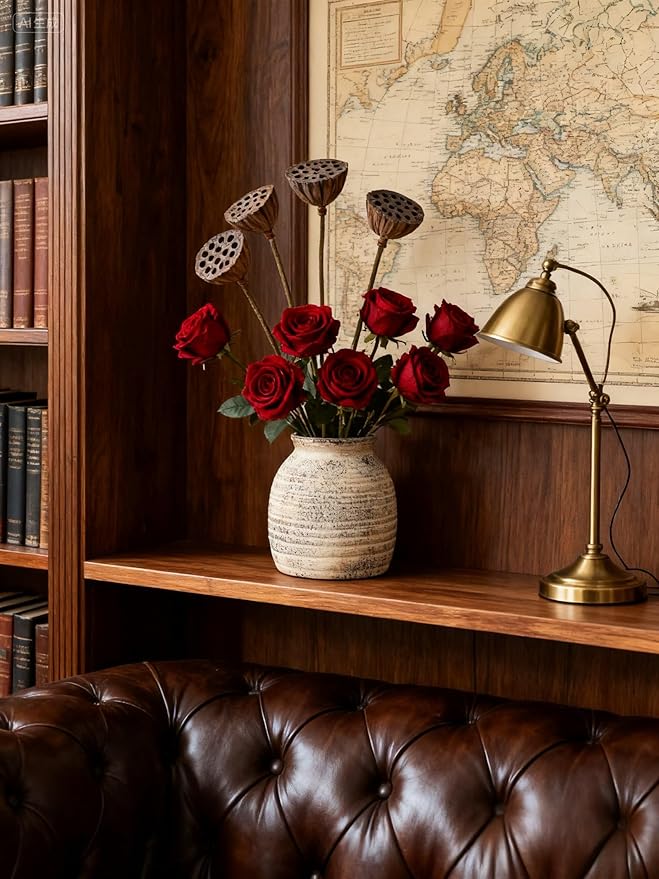 Rustic Vintage Ceramic Vases ,White Terracotta Decorative Flower Boho Vintage Wide-Mouth Vase for Living Room Bedroom Kitchen Office Decor Centerpiece Table Decorations 5.71Inch