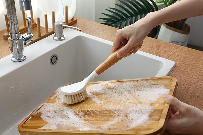 Sisal Dish Cleaning Brush with Bamboo Handle Dish Scrubber, Scrub Brush for Pans, Pots, Dishwashing and Cleaning Brushes (Square Brush, Round Brush and Short Brush)