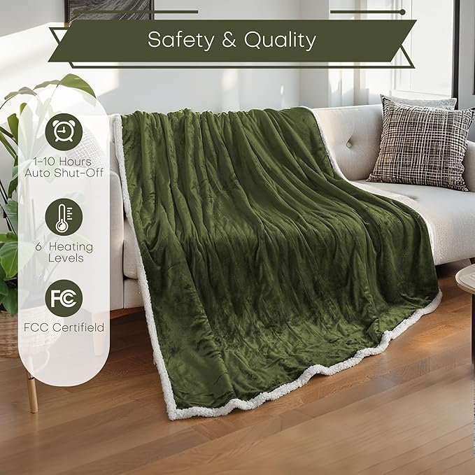 Electric Heated Blanket Full Size 72"x84" - Microplush & Sherpa Fabric Dual-Sided, 6 Heat Settings & 1-10 Hours Auto Off , Cozy Warming Throw for Home, Office, or Bed, Machine Washable, Olive Green