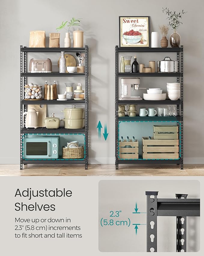 SONGMICS 5-Tier Storage Shelves, Heavy-Duty Garage Shelving, Adjustable Shelving Unit, Steel Shelf, Boltless Assembly, for Garage, 2,250 lb Load, 18 x 72 x 72 Inches, Ink Black UGLR453B02