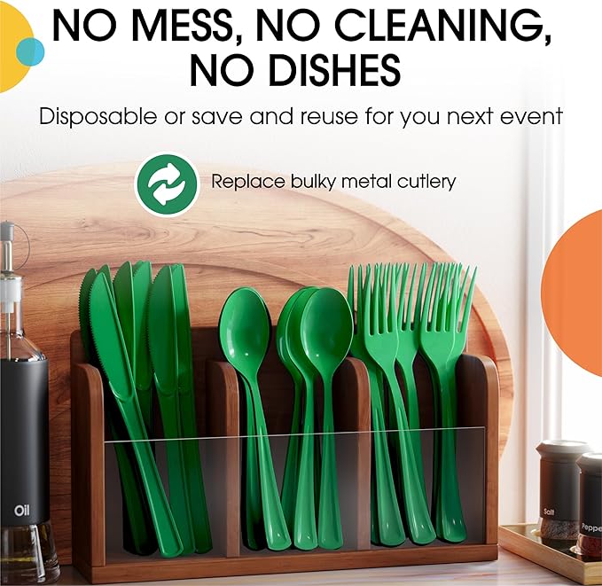 Party Solids Emerald Green Plastic Silverware Heavy Duty 150 Pieces Green Plastic Cutlery Sets, Utensil Sets, 50 Of Each Forks, Knives & Spoons Disposable Cutlery Set, Flatware Set For Party Supplies