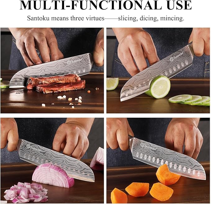Sunnecko Chef Knife Sharp Santoku Knife 7 Inch, High Carbon Stainless Steel Chopping Knife Vegetables, Cooking Knife with Wood Handle, Gifts for Men and Women