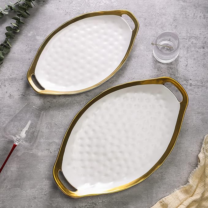 Stone Lain Florian Porcelain Large and Medium Oval Platters with Handle, Service Set, White with Gold Rim