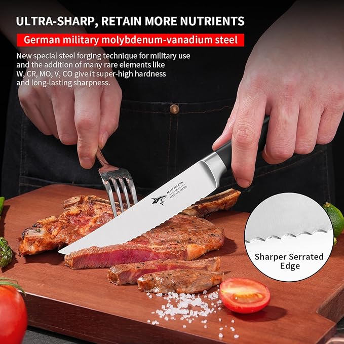 MAD SHARK Steak Knives Set,Premium 12.6-inch Serrated Steak Knife Set,Ultra Sharp German High Carbon Stainless Steel Triple Rivet Collection 4-Piece Kitchen Steak Knife Set (Steak Knives Set of 4.2)