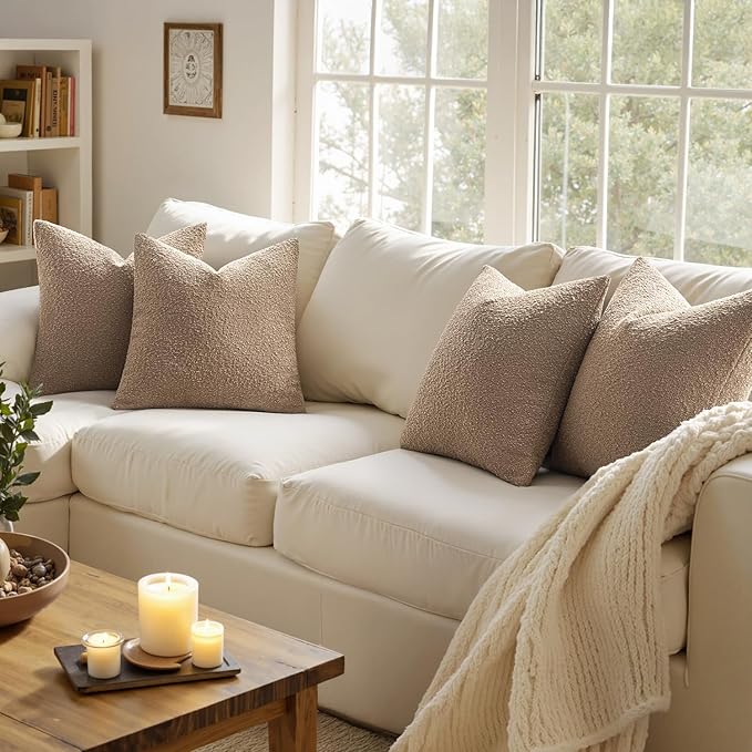 MIULEE Pack of 4 Decorative Textured Boucle Throw Pillow Covers 20x20 Inch Camel Accent Solid Pillow Cases Soft Couch Cushion Covers for Modern Farmhouse Boho Chair Sofa Bed Livingroom Home Decor