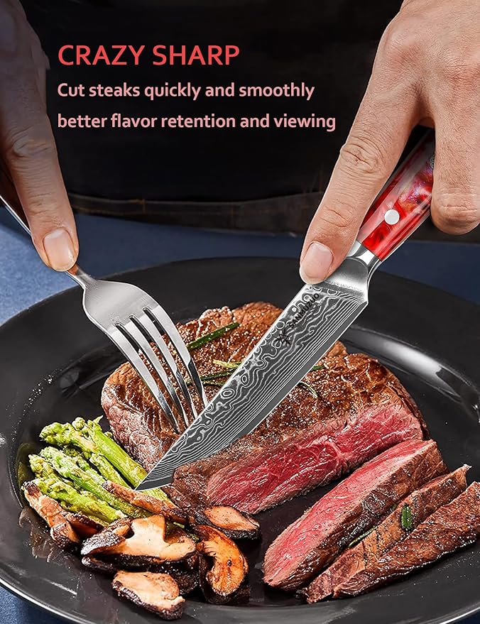 Steak Knives Set of 4, Ultra Sharp Non Serrated Kitchen Steak Knife 5 Inch - Damascus Steel & Resin Handle - Xuan Series (Sunset Red)