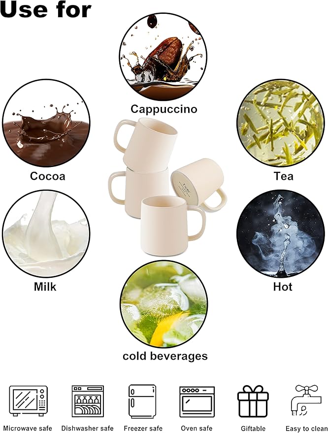 T-WARE 16 Oz Coffee Mugs, Matte Beige Mug Set of 4, Ceramic Mugs Coffee, Solid Color Coffee Cups Ceramic