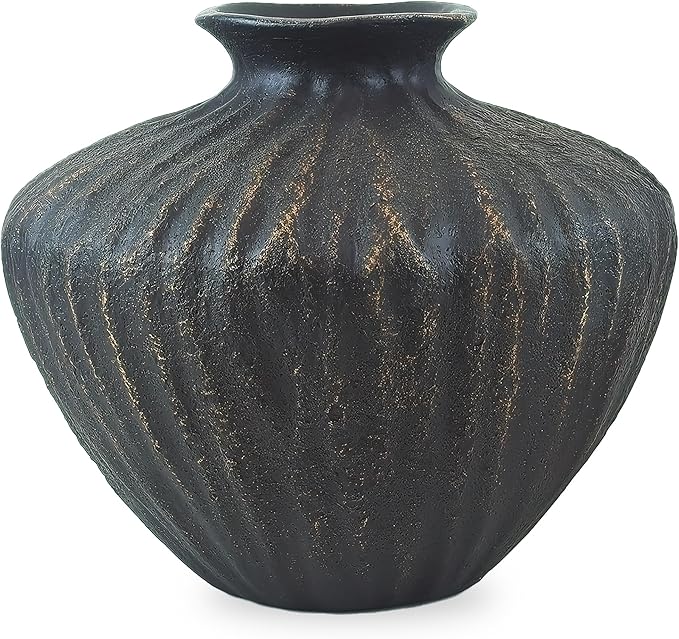 Small Black Ceramic Vase 6 Inch – Handmade Sculptural Decor with Hand-Painted Gold Detailing – Organic Accent Flower Vase for Shelf, Entryway or Table – Modern Minimalist Home Decoration