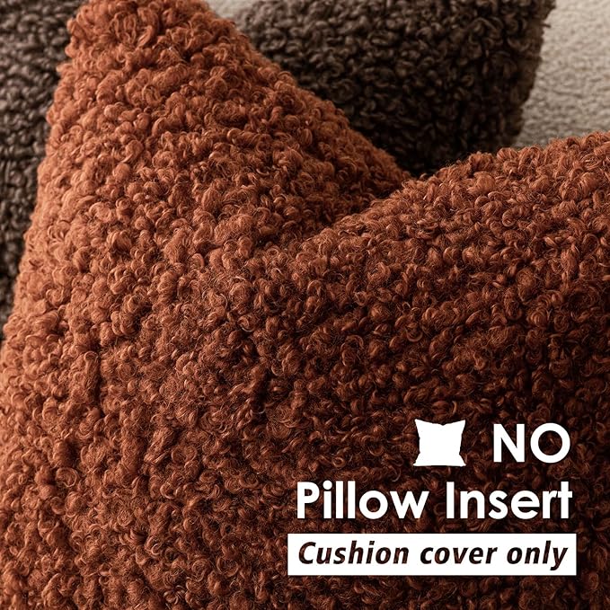 Foindtower Set of 2 Curly Teddy Wool Pillow Covers Decorative Boucle Textured Lumbar Throw Pillow Faux Fur Sherpa Pillowcases Sheepskin Fuzzy Cushion Case for Sofa Bedroom Car 12"x20" Hazel Brown