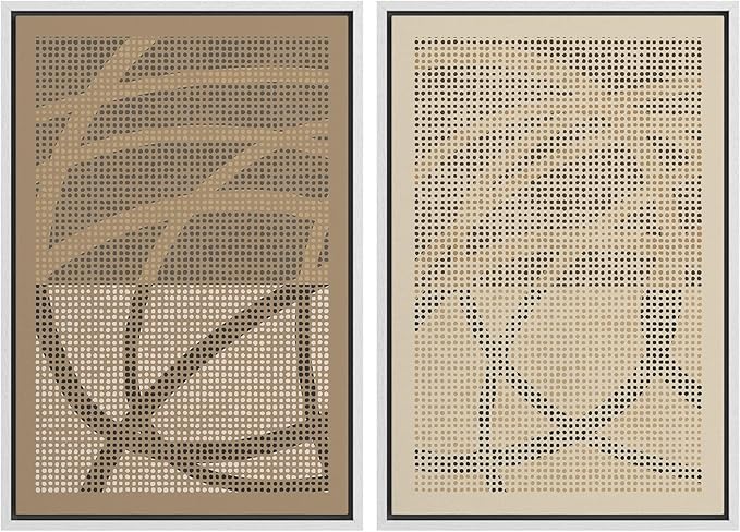 SIGNFORD Framed Canvas Print Wall Art Set Geometric Dot Patterns Earthy Beige and Brown Contrast Illustration Modern Art Decorative Nordic Nature for Living Room, Bedroom, Office - 24"x36"x2 White