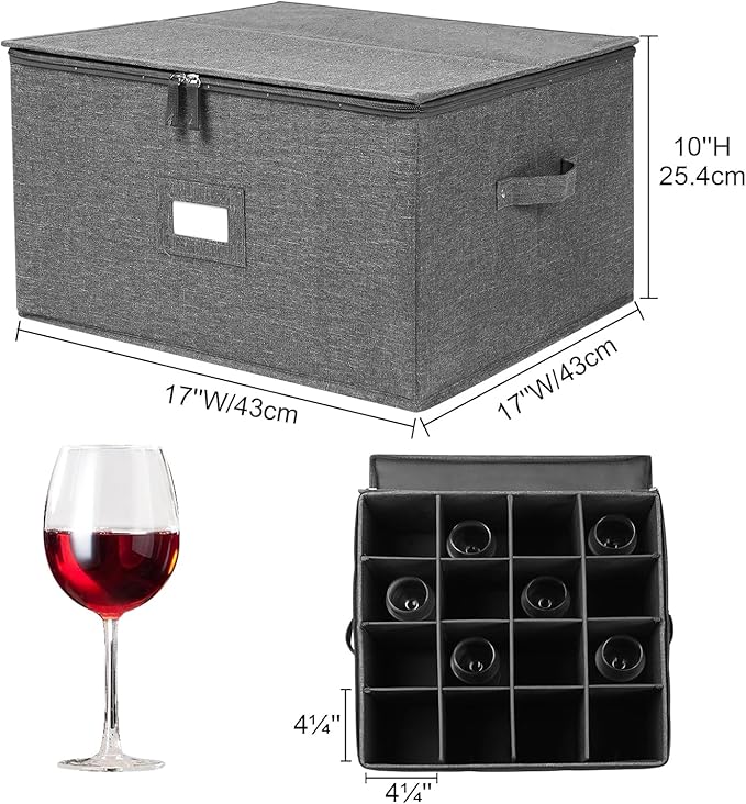 Stemware Storage Cases 2 Pack, Wine Glass Storage Box Containers with Dividers for Glassware or Crystal, Holds 16 Red or White Wine Glasses, Hard Top and Stackable (Grey)