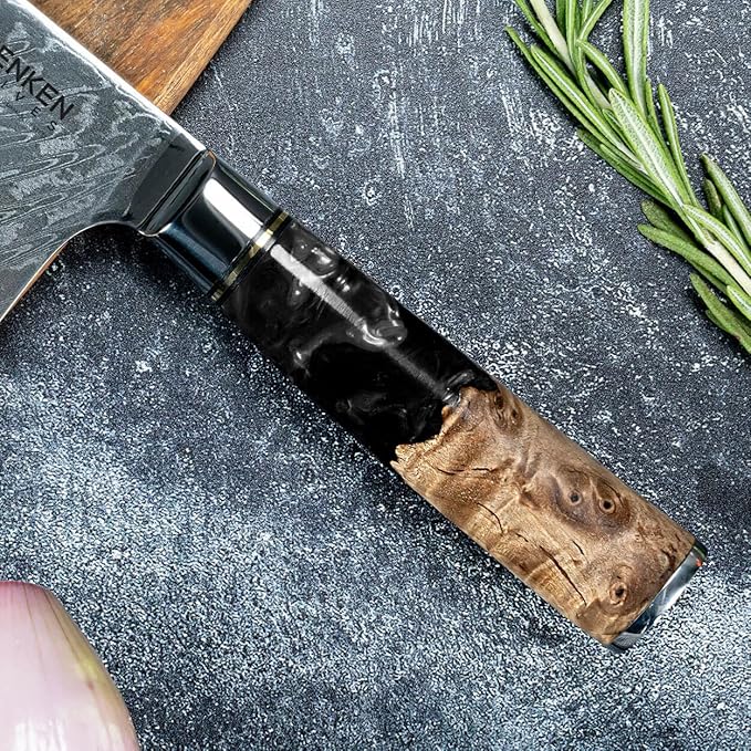 SENKEN Damascus Steel Chef's Knife - Tsunami Collection - 67-Layer Japanese VG10 Steel Core - Unique Black Resin & Natural Wood Handle, Razor Sharp, Beautiful Damascus Wave Pattern (Black)