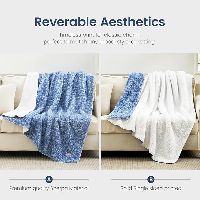 Cozy Bliss Luxury Sherpa Throw Blanket for Couch, Premium Reversible Plush Thick Throw, Warm Cozy Soft Blanket for Home and Gifts (Mottled Navy Blue, 50" x 60")