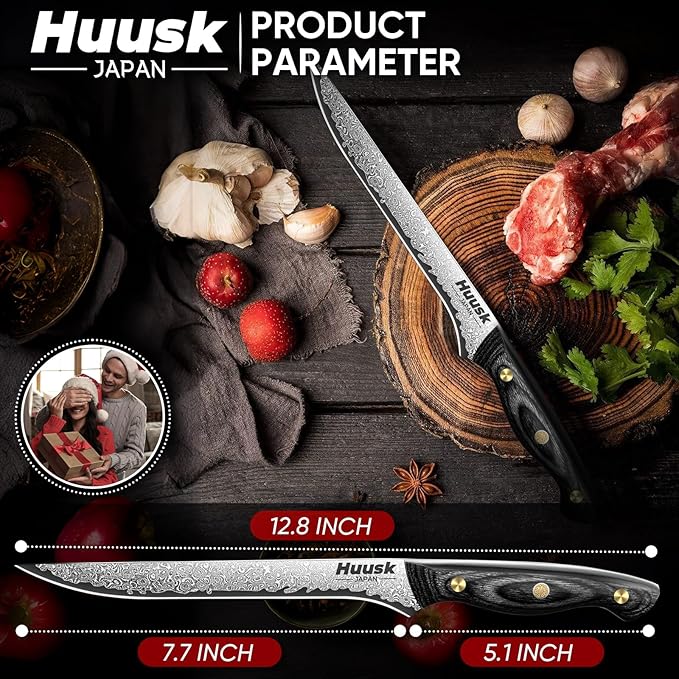 Huusk Damascus Boning Knife 8 inch, VG10 Brisket Trimming Knives for Meat Cutting, Flexible Fillet Knife, Butcher Knives, Kitchen Slicing Knives with Full Tang Handle, Birthday Dad Mom Gift