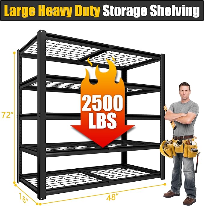 PrimeZone Heavy Duty Storage Shelves - 48" W X 18" D X 72" H Adjustable Garage Wire Shelving Unit, 5 Tier Industrial Metal Shelf Standing Utility Rack for Warehouse, Pantry, Basement, Black, 2 Pack
