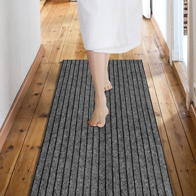 Custom Size Backed Non-Slip Area Rugs Runner, Easy Clean, Waterproof Runner Rugs for Hallway Entryway, Kitchen, Laundry, 3FT x 47FT, Gray Stripe